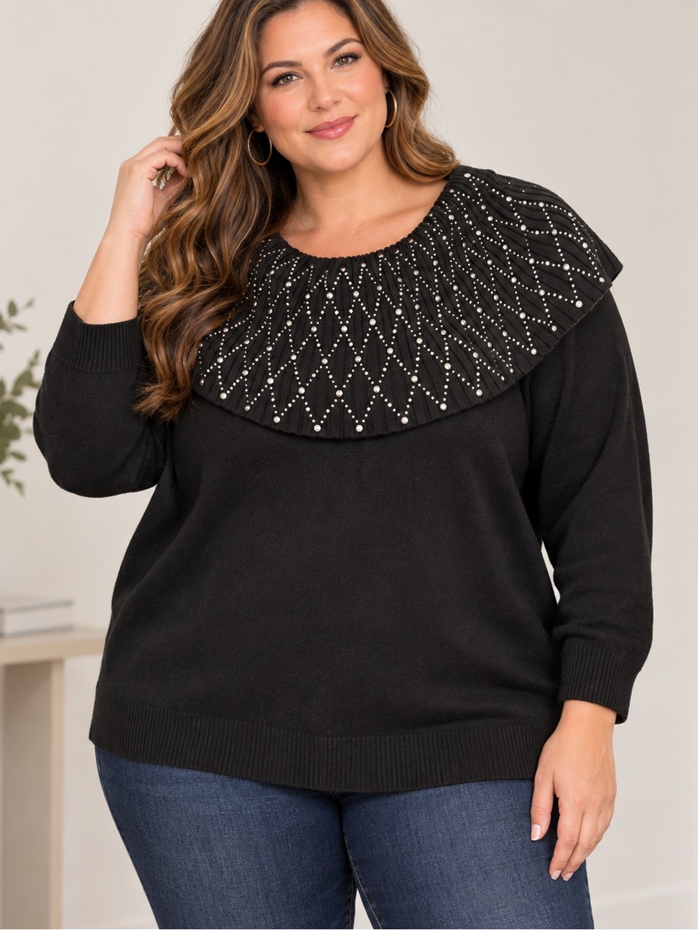 VM Collection Woman 2X Black Embellished Statement Collar Sweater
